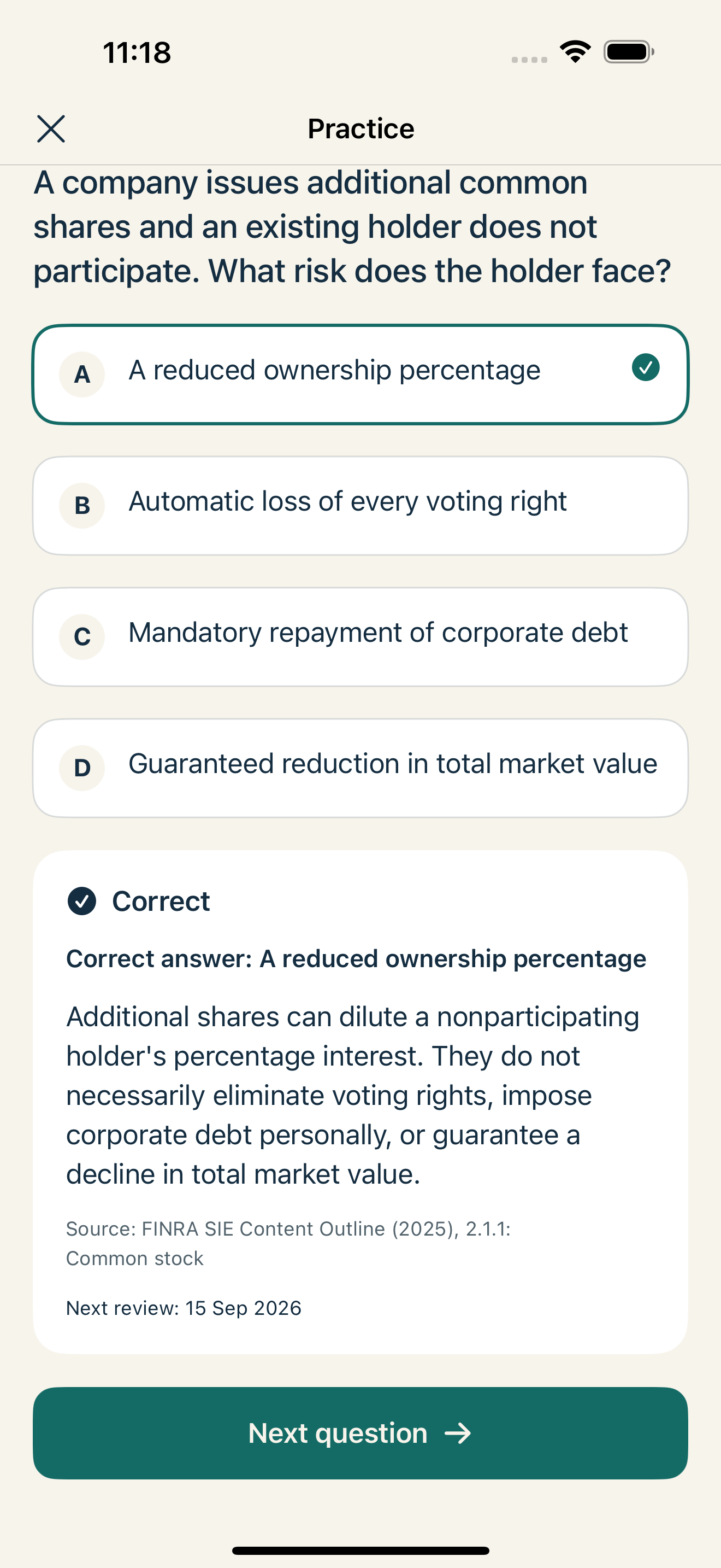 SIERise practice screen showing an answer and its explanation